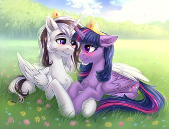 blush canon_x_oc cloud crown duo female feral flower fluffy grass headgear horn inner_ear_fluff lying male male/female on_front plant smile tuft wings hakaina friendship_is_magic hasbro my_little_pony mythology twilight_sparkle_(mlp) equid equine mammal mythological_creature mythological_equine winged_unicorn absurd_res hi_res