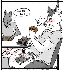 anthro blush card_game embarrassed fellatio female gaming group male male/female nervous oral penile public sex stealth_sex under_table conditional_dnp lustylamb hasbro magic:_the_gathering wizards_of_the_coast elise_(lustylamb) bovid caprine domestic_sheep mammal sheep hi_res
