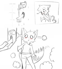 4_fingers anthro bathroom blush blush_lines bodily_fluids bottomwear bra breasts cheek_tuft clothing duo ellipsis exposed_shoulder facial_tuft female fingers glory_hole hand_holding looking_aside nervous no_pupils offscreen_character open_mouth pawpads shirt shorts sign simple_background small_breasts smile steam sweat sweatdrop tail tail_motion tailwag text through_wall tile topwear tuft underwear white_background rolo_stuff vk102 rolo_(rolo_stuff) felid feline mammal 2021 absurd_res digital_drawing_(artwork) digital_media_(artwork) hi_res monochrome spot_color