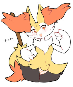 3_fingers anthro black_legs blush blush_lines breasts clothing featureless_breasts female fingers fluffy fluffy_tail fur hands_on_hips looking_at_viewer navel neck_tuft object_in_tail open_mouth orange_eyes orange_inner_ear panties simple_background snout solo standing stick stick_in_tail tail tuft underwear white_background white_hands yellow_body yellow_fur yakiniku628 nintendo pokemon braixen generation_6_pokemon pokemon_(species) colored hi_res