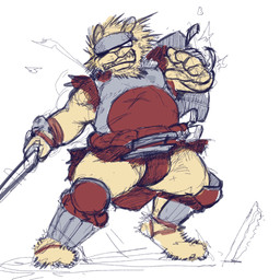 anthro armor belly bottomwear bulge clothing kemono loincloth male melee_weapon overweight shield solo sword unconvincing_armor warrior weapon natunokemono felid lion mammal pantherine 1:1 hi_res sketch