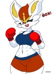 abs anthro boxing_gloves breasts clothing female handwear navel navel_piercing piercing simple_background solo thick_thighs white_background white_body zilikslider nintendo pokemon cinderace generation_8_pokemon lagomorph leporid mammal pokemon_(species) 3:4