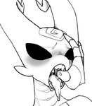 anthro aroused black_eyes blush blush_lines bodily_fluids disembodied_hand facial_markings female finger_fetish finger_in_mouth forehead_markings grabbing_head head_markings horn markings mouth_play saliva segmented_body teeth tongue tongue_out worried_face proxicute hollow_knight team_cherry fan_character jasper_(proxicute) arthropod insect monochrome