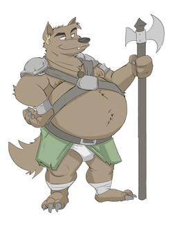 anthro armor axe belly belt big_belly brown_body brown_fur bulge claws clothing ear_piercing fangs fur male melee_weapon nipple_piercing nipples overweight overweight_anthro overweight_male piercing plantigrade solo teeth underwear weapon canson canid canine canis mammal wolf 2020 absurd_res hi_res