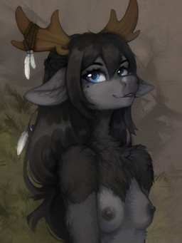 anthro antler_accessory antlers areola biped black_body black_fur black_hair blue_eyes breasts countershade_torso countershading feathers female front_view fur grey_body grey_fur hair horn looking_at_viewer nipples nude nude_anthro nude_female small_breasts smile solo teeth yshanii blizzard_entertainment warcraft bovid bovine mammal tauren 2026 digital_drawing_(artwork) digital_media_(artwork) hi_res