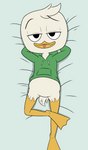 anthro beak bed black_eyes dakimakura feathers furniture looking_at_viewer male simple_background solo tail tail_feathers tongue tongue_out young young_anthro limettin disney ducktales ducktales_(2017) louie_duck anatid anseriform avian bird duck 2023 absurd_res dakimakura_design digital_drawing_(artwork) digital_media_(artwork) hi_res