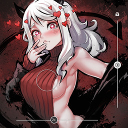 areola big_breasts blush bodily_fluids breasts camera_view clothing female hair heart_eyes heart_symbol horn looking_at_viewer not_furry red_background simple_background solo spade_tail sweater tail tears topwear virgin_killer_sweater white_hair robot_cat helltaker meme_clothing modeus_(helltaker) demon demon_humanoid humanoid 1:1 2020 meme