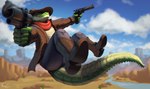 absurd_res aiming_weapon alligator alligatorid anthro big_tail boots butte_(landscape) cactus clothed clothed_anthro clothing cloud coat cowboy crocodilian day desert detailed_background fangs footwear fully_clothed fuzziness gun handgun hat headgear headwear hi_res humanoid_hands kerchief male mesa_(landscape) midair neckerchief neckwear plant ranged_weapon reptile revolver river scalie shirt shoes smoking_gun solo spiked_tail spikes spikes_(anatomy) tail teeth topwear underbite vertical_slit_pupils water weapon white_clothing white_shirt white_topwear