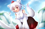 :o armwear bare_shoulders blush clothing cloud detached_sleeves female hair melee_weapon open_mouth outside pom_clothing pom_shirt red_eyes short_hair sky solo sword tail weapon white_hair kane-neko touhou momiji_inubashiri animal_humanoid canid canid_humanoid canine canine_humanoid canis dog_humanoid domestic_dog humanoid mammal mammal_humanoid 14:9