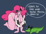 anthro big_breasts breasts cleavage clothed clothing duo female male text somescrub friendship_is_magic hasbro my_little_pony gummy_(mlp) hugtastic_pinkie_pie pinkie_pie_(mlp) alligator alligatorid crocodilian earth_pony equid equine horse mammal pony reptile scalie digital_media_(artwork) english_text hi_res