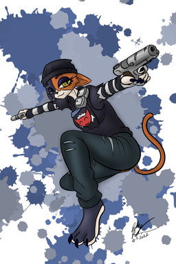3_toes anthro barefoot beanie black_beanie black_clothing black_hat black_headwear black_hoodie black_topwear blue_bottomwear blue_clothing blue_pants bottomwear canister claws clothing countershade_feet countershading dual_wielding ear_piercing feet female gun hat headgear headwear holding_object holding_weapon hoodie mottled pants paws piebald piercing plantigrade ranged_weapon sardine_tin smile solo toes topwear torn_clothing wavy_mouth weapon year caboosethejudge epic_games fortnite meow_skulls calico_cat domestic_cat felid feline felis mammal 2022 2:3 absurd_res hi_res signature