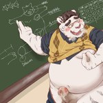 anthro balls belly blush bodily_fluids bottomwear bottomwear_down chalkboard classroom clothed clothing cum erection eyewear fur genital_fluids genitals glasses male masturbation moobs nipple_fetish nipple_pinch nipple_play overweight pants pants_down partially_clothed penis pinch school solo striped_body striped_fur stripes teacher white_body white_fur won7373kr felid mammal pantherine tiger absurd_res hi_res