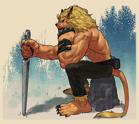 abs anthro barefoot belt biceps blonde_hair bottomwear clothed clothing feet hair male melee_weapon muscular muscular_anthro muscular_male pants pecs sitting solo sword topless weapon roamingthrough bandai_namco digimon digimon_(species) leomon hi_res