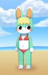 ambiguous_gender anthro beach bikini biped blonde_hair blush bodily_fluids clothing detailed_background female frown fur green_body green_fur hair navel sand sea seaside solo swimwear two-piece_swimsuit water white_body white_fur sum animal_crossing nintendo sasha_(animal_crossing) lagomorph leporid mammal rabbit hi_res