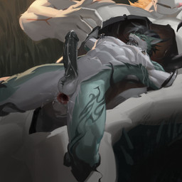 abs after_anal after_orgasm anus athletic balls black_nipples black_penis black_tentacles blonde_hair bodily_fluids body_hair butt cum cum_on_butt cum_strand drooling dutch_angle erection gaping gaping_anus genital_fluids genitals green_body hair hairy_balls humanoid_genitalia humanoid_penis lactating ladder_piercing low-angle_view male male_lactation muscular muscular_male nipple_piercing nipple_ring nipples pecs penis piercing restrained restrained_by_tentacles ring_piercing saliva size_difference spread_eagle tentacles white_body awaldkize mythology animate_inanimate dragon living_clothing mythological_creature mythological_scalie scalie 1:1 absurd_res hi_res