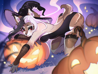 5_fingers anthro armwear black_clothing black_eyelids black_hair black_leotard black_nose breasts brown_body brown_fur butt clothing eyelashes female fingers fur grass hair halloween_themed hat headgear headwear inner_ear_fluff jack-o'-lantern legwear leotard long_hair markings medium_breasts multicolored_body multicolored_fur multicolored_hair night outside plant red_eyes short_tail slim smile snout solo star stockings tail tan_body tan_fur tuft two_tone_hair white_hair white_markings witch_hat cepto_(artist) felid feline mammal 4:3 hi_res