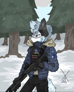 blue_eyes bulletproof_vest clothing detailed_background eyewear fur glasses holding_object holding_weapon jacket male police police_uniform snow solo topwear uniform weapon wearing_glasses white_body white_fur hz_foxy canid canine canis mammal wolf character_request hi_res