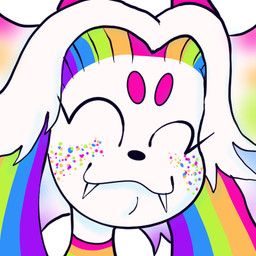 ambiguous_gender anthro circle_eyebrows eyebrows eyes_closed fangs freckles hair horn multicolored_ears multicolored_hair pink_eyebrows pink_horn rainbow rainbow_ears rainbow_freckles rainbow_hair simple_background smile solo teeth white_background white_body white_face white_hair plentyofsoup toto_(plentyofsoup) angel demon felid feline hybrid lagomorph leporid mammal rabbit digital_media_(artwork) icon low_res