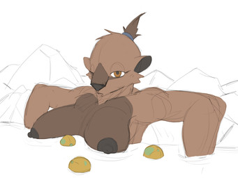 anthro areola big_breasts black_nipples black_nose breasts brown_body brown_fur female food fruit fur hair looking_at_viewer nipples nude nude_anthro nude_female orange_eyes partially_submerged plant relaxing solo tied_hair water reakuthecrate kanda_(reakuthecrate) capybara caviid mammal rodent 4:3