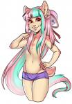 anthro biped bottomwear bulge clothed clothing femboy green_hair hair hand_on_hip heart_(marking) long_hair looking_at_viewer male markings multicolored_hair navel pink_hair red_eyes short_tail shorts simple_background skimpy solo standing tail topless two_tone_hair white_background xenthyl hideaki_(character) bobtail_cat domestic_cat felid feline felis mammal 2015 digital_media_(artwork) portrait three-quarter_portrait