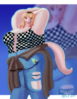 anthro belly belly_overhang big_belly big_breasts biped breasts clothed clothing crop_top curvy_figure eyelashes fashion female front_view hair highlights_(coloring) huge_belly huge_breasts huge_thighs looking_at_viewer natural_breasts obese obese_anthro obese_female overweight overweight_anthro overweight_female pupils shirt simple_background solo standing tail thick_thighs topwear wide_hips lumieart reptile scalie snake hi_res