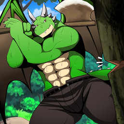 anthro axe big_muscles blue_sky bottomwear claws clothed clothing fangs forest green_body green_skin male melee_weapon membrane_(anatomy) membranous_wings muscular muscular_anthro muscular_male pants plant red_eyes sky solo tail teeth topless tree weapon wet wings wood bearlovestiger13 european_mythology mythology grizard dragon mythological_creature mythological_scalie scalie western_dragon