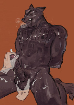 anthro ball_grab balls bdsm black_body black_fur black_nipples black_nose bodily_fluids bondage bound breath cum disembodied_hand drooling ejaculation erection fur genital_fluids genitals grope handjob hands_behind_back humanoid_genitalia humanoid_penis kemono looking_at_viewer male muscular muscular_anthro muscular_male nipples nude nude_anthro nude_male orange_background pecs penile penis pointy_ears pubes restrained saliva sex simple_background solo_focus sweat ooshiodaiki canid canine canis domestic_dog mammal 2023 hi_res