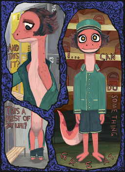 anthro brown_hair clothing dressing featureless_crotch female freckles green_clothing hair headdress minicomic orange_body smile solo standing tail text sipoocha amphibia_(series) disney bella_(amphibia) scalie triton absurd_res hi_res