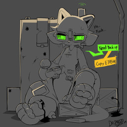 3_toes 4_fingers ambiguous_gender anthro biped bodily_fluids cheek_tuft dialogue eyewear facial_tuft featureless_crotch feet fingers glasses green_eyewear green_glasses grey_background joints nervous nervous_sweat nude_anthro pawpads polydactyly profanity rectangular_glasses simple_background sitting solo speech_bubble sweat sweatdrop text toes tuft wearing_glasses wounded presto_(artist) project_c.a.t.s hemet_(presto) felid feline landcats mammal robot_anthro 1:1 absurd_res english_text hi_res sketch