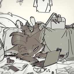 anthro bed clothing computer electronics fur furniture laptop lying male nude pillow solo tired junyois league_of_legends riot_games tencent rumble_(lol) mammal yordle 1:1 digital_media_(artwork) hi_res