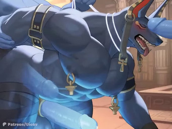 abdominal_bulge abs accessory anal anal_penetration ankh ankh_piercing ankh_ring anthro anthro_penetrated armband balls barazoku black_clothing black_gloves black_handwear black_sclera blue_body blue_fur blue_penis blush bodily_fluids bouncing_balls bouncing_penis clothing cock_ring collar cum cum_in_mouth cum_inside dialogue doggystyle dominant dominant_male erection face_fucking fellatio from_behind_position fur genital_fluids genitals gloves glowing glowing_genitalia glowing_penis group handwear humanoid_genitalia humanoid_penis hung_bottom inside irrumatio jewelry kneeling leash leash_pull leashed_collar leg_wraps male male/male male_penetrated male_penetrating male_penetrating_anthro male_penetrating_male moan muscular muscular_anthro muscular_bottom muscular_male nipple_piercing nipple_ring nipples on_ground oral oral_penetration pecs penetration penile penile_penetration penis penis_accessory penis_in_ass penis_in_mouth penis_jewelry piercing pillar ring_piercing sex spitroast submissive submissive_anthro submissive_male throne_room translucent trio wraps x-ray_view yellow_eyes sound_warning uiokv voidslut_(va) dislyte lilith_games drew_(dislyte) anubian_jackal canid canine canis jackal mammal 2025 2d_animation 4:3 animated digital_media_(artwork) full_version_at_paywall high_framerate huge_filesize long_playtime motion_tweening sound voice_acted webm