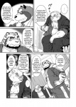 anthro bandage beard biceps canid canine canis clothing coach coat comic dialogue doctor domestic_dog ellipsis english_text facial_hair felid fox fur greyscale japanese japanese_text jin_(artist) male mammal me_and_my_teacher monochrome muscular overweight pantherine pen school slightly_chubby student teacher teacher_and_student text tiger topwear wolf writing_utensil