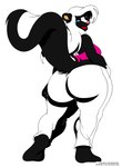 anthro big_butt black_body black_fur blue_eyes bottomwear breasts butt clothing copyright_symbol female fur hair looking_back open_mouth pants simple_background solo symbol text thick_thighs topwear white_background white_body white_fur white_hair wide_hips deonwolf chelsea_(satsumalord) mammal mephitid skunk 2009 digital_media_(artwork) english_text hi_res