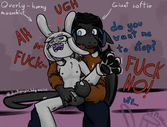 after_orgasm_torture anthro begging_for_more black_body black_skin blind blue_eyes blue_hair bodily_fluids bound breasts crying curling_toes dialogue disability dominant dominant_female duo ejaculation feet female female/female fingering fur genital_fluids hair hands_behind_back heart_symbol holding_leg holding_leg_up horn markings masochism overstimulation penetration profanity sex shaking shivering size_difference small_breasts spots spotted_body spotted_fur spreading submissive submissive_female tears text vaginal vaginal_fingering vaginal_fluids vaginal_penetration vaginal_squirting wet_sheets white_body white_fur wings worried manyanz mythology dragon lagomorph leporid mammal mythological_creature mythological_scalie rabbit scalie english_text hi_res