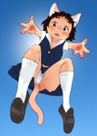 anthro black_hair bottomwear brown_hair clothed clothing duo female footwear fully_clothed hair inner_ear_fluff looking_at_viewer open_mouth pawpads pink_nose shoes skirt tuft underwear whiskers morokko ghibli the_cat_returns haru_yoshioka domestic_cat felid feline felis mammal 2013