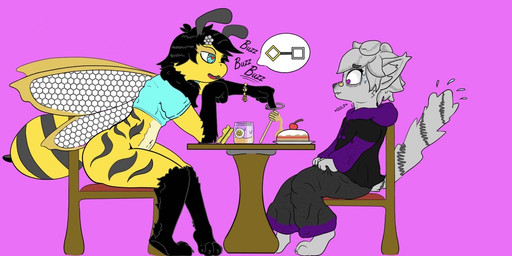 ambiguous_gender audible_swallowing beetricia black_body black_fur chair clothed clothing duo feet food food_fetish fur furniture gesture grey_body grey_fur hair half-closed_eyes honey_(food) jewelry love midriff narrowed_eyes nervous pantsless shocked side_view sitting speech_bubble suggestive suggestive_food suggestive_gesture surprised table tail tense wings yellow_body yellow_fur kio_kasteyoto alma_the_snow_fox arctic_fox arthropod bee canid canine fox hymenopteran insect mammal true_fox