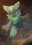 :3 ambiguous_gender anthro fur green_body green_fur purple_eyes smile solo standing eldrige nintendo pokemon floragato generation_9_pokemon pokemon_(species) shiny_pokemon