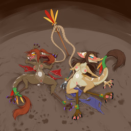 ahegao anthro aquamarine_eyes aquamarine_sclera arm_tuft bell belly belly_markings black_claws black_teeth blue_clothing blue_eyes blue_sclera blush bodily_fluids bodily_fluids_in_pussy bound brown_hair brown_pawpads brown_tail_tuft claws clothes_on_ground clothing cum cum_in_vagina cum_inside cum_on_body dirt_floor duo ear_markings ear_piercing ear_ring elbow_tuft facial_markings feather_accessory feathers female footprint genital_fluids genitals hair head_markings jingle_bell leaking_cum leg_markings looking_pleasured markings nipples pawpads piercing pink_nipples pink_pawpads pink_vulva pivoted_ears ponytail prosthetic prosthetic_arm prosthetic_limb purple_claws red_clothing red_hair red_tail_tuft ring_piercing rope sharp_teeth shelltooth_(yinglet) skinny_anthro snout snout_markings spread_legs spreading tail tail_markings tail_tuft teeth thigh_markings tribal tribal_markings tuft vulva white_claws yellow_eyes yellow_sclera mentalcrash out-of-placers mammal yinglet 1:1 absurd_res hi_res