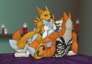 :o animal_genitalia animal_penis anthro areola barefoot bed bed_sheet bedding big_penis black_sclera blue_eyes breast_grab breasts candle canine_genitalia canine_penis chest_tuft claws clitoris cowgirl_position digitigrade duo erection fangs feet female female_on_top female_penetrated fire fluffy fluffy_tail from_front_position fur furniture genitals hand_on_breast hand_on_chest inside knot male male/female male_on_bottom male_penetrating male_penetrating_female mane markings nipples nude on_bed on_bottom on_top open_mouth penetration penile penile_penetration penis penis_in_vagina pupils raised_arm realistic sex sharp_teeth shelf side_boob sitting slit_pupils spread_legs spreading squeezing straddling tail teeth tongue tuft vaginal vaginal_penetration vulva white_body white_fur yellow_body yellow_fur kitsune_nyx bandai_namco digimon canid canine digimon_(species) fox mammal renamon 2014