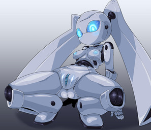 blue_eyes blue_nipples blue_vulva blush breasts butt crab_walk curvy_figure female genitals glowing glowing_eyes gradient_background grey_background grey_body grey_skin hair hourglass_figure machine metallic_body mouthless nipples non-mammal_breasts not_furry nude plump_labia pose simple_background small_waist solo spread_legs spreading vulva wide_hipped_female wide_hipped_humanoid wide_hips pochincoff disney fireball_(disney) drossel_von_flugel_(fireball) android humanoid robot robot_humanoid 2016 digital_media_(artwork) pinup