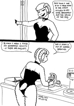 anthro bell bell_collar breasts cleavage clothed clothed_anthro clothed_female clothing coffee_pot collar dialogue female fingers fur hooved_fingers hooves horn open_mouth solo tail text wool_(fur) tegerio lana_lynne bovid caprine mammal sheep 2023 black_and_white comic english_text hi_res monochrome