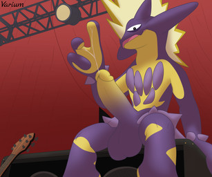 anthro balls bedroom_eyes big_balls big_penis bodily_fluids electric_guitar erection genital_fluids genitals guitar huge_penis humanoid_genitalia humanoid_penis looking_at_viewer male multicolored_penis musical_instrument narrowed_eyes open_mouth penis plucked_string_instrument precum purple_body seductive smile smirk solo stage stage_curtains stage_lights string_instrument tongue two_tone_penis conditional_dnp varium nintendo pokemon amped_toxtricity generation_8_pokemon pokemon_(species) toxtricity 2022 6:5 absurd_res digital_media_(artwork) hi_res