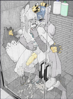 against_surface anal anal_penetration anthro anus balls big_penis bite blue_eyes blue_hair blue_pawpads bodily_fluids butt crown cum cum_inside cum_on_glass cum_on_ground cum_on_penis dominant dominant_male ejaculation erection eyewear feet finger_in_mouth fur genital_fluids genitals glasses grey_body grey_fur grey_hair hair hands_against_glass headgear holding_stomach huge_penis king knot looking_pleasured male male/male male_penetrated male_penetrating male_penetrating_male markings multicolored_body nude on_glass orgasm pawpads paws penetration penile penile_penetration penis pressed_against royalty sex shoulder_bite shower shower_sex simple_background smile submissive submissive_male tail toes tongue tongue_out wet wet_body wet_hair white_body white_fur yellow_knot yellow_pawpads yellow_penis arcanethewoof benjamin_blue hexi arctic_fox canid canine canis fox mammal true_fox wolf painting_(artwork) traditional_media_(artwork) watercolor_(artwork)