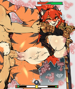 abdominal_bulge anthro anthro_on_anthro anthro_penetrated anthro_penetrating anthro_penetrating_anthro arms_tied bdsm big_breasts blush bodily_fluids bondage bound breasts cute_fangs duo erection fangs female female_anthro female_on_human female_penetrated fur gameplay_mechanics genital_fluids gui hair health_bar leg_glider_position male male/female male_human male_penetrating male_penetrating_anthro male_penetrating_female one_leg_up orange_body orange_fur penetration penile penile_penetration penis_in_vagina plap raised_leg red_hair restraints rope rope_bondage sex smile spiked_pauldron striped_body striped_fur stripes teeth vaginal vaginal_fluids vaginal_penetration avante92 amorous felid human mammal pantherine tiger hi_res
