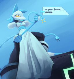 anthro biped black_body blue_hair clothing dialogue female floating_hands hair looking_at_viewer machine open_mouth polygonal_speech_bubble short_hair simple_background solo speech_bubble standing text weapon whip lennoxicon deltarune undertale_(series) tasque_manager darkner felid feline mammal robot robot_anthro 2021 absurd_res digital_media_(artwork) english_text hi_res