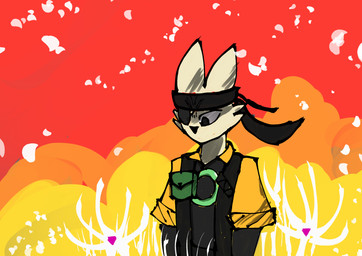 accessory anthro biped black_bodysuit black_clothing black_headband black_nose black_skinsuit bodysuit bright_colors cheek_tuft clothed clothed_anthro clothed_male clothing cosplay crossover_cosplay eye_patch eyewear facial_tuft falling_petals flower fully_clothed fur headband looking_down male male_anthro melancholic mouthless no_irises plant pointy_ears pouch_(clothing) prick_ears red_sky shirt short_snout skinsuit sky slim_anthro slim_male solo standing tight_clothing topwear tuft white_body white_flower white_fur white_petals yellow_clothing yellow_shirt yellow_topwear 4chan_anon unknown_artist konami metal_gear metal_gear_solid_3 nine_sols red_candle_games naked_snake yi_(nine_sols) felid feline mammal solarian 2026 crossover digital_media_(artwork) english_description half-length_portrait hi_res portrait restricted_palette warm_colors