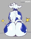 anthro big_butt butt female fur hair huge_butt kerchief mascot nude rear_view simple_background sitting solo sparkles white_body white_fur white_hair wide_hips inu-sama lactaid lactaid_cow bovid bovine cattle mammal 2021 absurd_res digital_media_(artwork) hi_res sketch