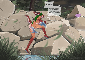 anthro black_nose breasts butt convenient_censorship dialogue female forest fur green_hair hair horn nature nude nude_anthro nude_female outdoor_nudity outside plant rock solo speech_bubble tail tan_body tan_fur text towel tree water wet wet_body wet_fur wind evangellos rahel_efrayim ambient_bird antelope bovid gazelle mammal english_text