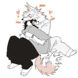 >_< ^_^ anthro biped black_bottomwear black_clothing black_hair black_pants blushlines bottomwear clothing duo eyes_closed female fur grey_bottomwear grey_clothing grey_hoodie grey_pants grey_shirt grey_topwear hair hoodie hug pants shirt smile topwear white_body white_fur s33lpup canid canine canis domestic_dog mammal 2025 hi_res