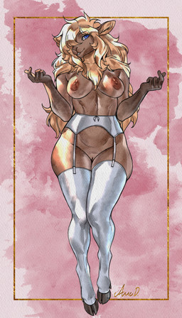 anthro blonde_hair blue_eyes breasts clothing female front_view fur garter_belt garter_straps genitals hair inviting legwear lingerie looking_at_viewer pose sanding seductive solo stockings tan_body tan_fur thigh_highs vulva white_clothing white_legwear white_stockings wide_hips ama_dench_art molly_(hendak) bovid caprine mammal sheep hi_res pinup
